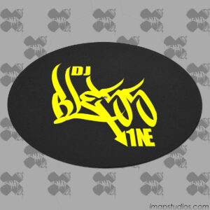DJ Bless 1ne logo, printed yellow HTV vinyl on Black DJ Slip Mats.
