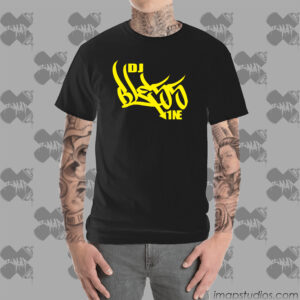 DJ Bless 1ne logo, printed yellow HTV vinyl on a black unisex t-shirt. Available in small - 5xL.