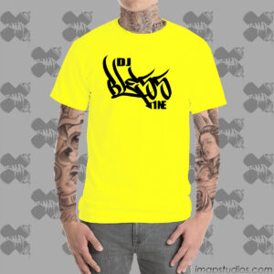 DJ Bless 1ne logo, printed black HTV vinyl on a yellow unisex t-shirt. Available in small - 5xL.